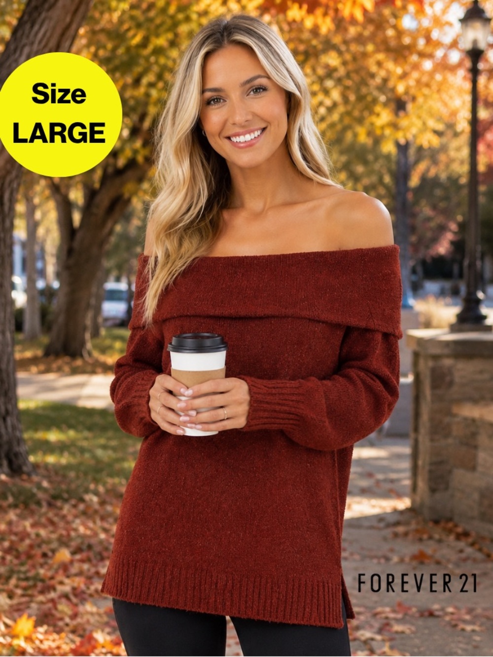 2/for $20 🪩 F21 Off-the-Shoulder Rust Long Sleeve Wool Sweater (Women’s Large)